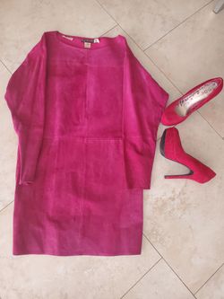 See 3 pix raspberry suede dress M  or matching heels 8. 5 $20 each