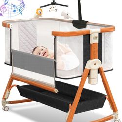 3 in 1 Bassinet,Baby Bassinets Bedside Sleeper with Musical Toy,Adjustable Height Bedside Bassinet for Baby with Wheels and Storage Basket,4-Sided Mes