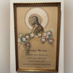 FRAMED JESUS CHRIST Original Vintage Fine Art Print Antique Marriage Collectible Religion Sacred Heart Benediction Christian Christianity Icon