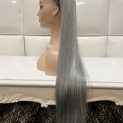 Synthetic Wrap Around Hair Extension Ponytail-31 Inches Long Straight Icy Silver Ponytail-Brand New $35-coleta Extensión De Pelo Nueva