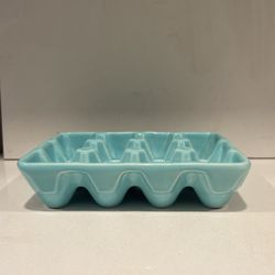 FARVAL Egg Holder Ceramic tray crate holds 12 Eggs hand painted Turquoise Portugal