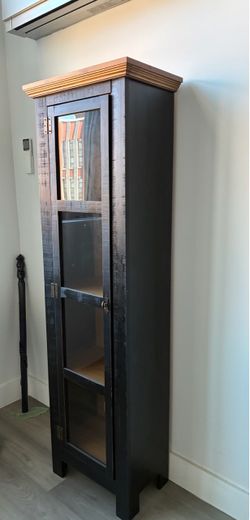 Tall Vintage Black Wood & Glass Curio Display Cabinet – Glass Door & Shelves
