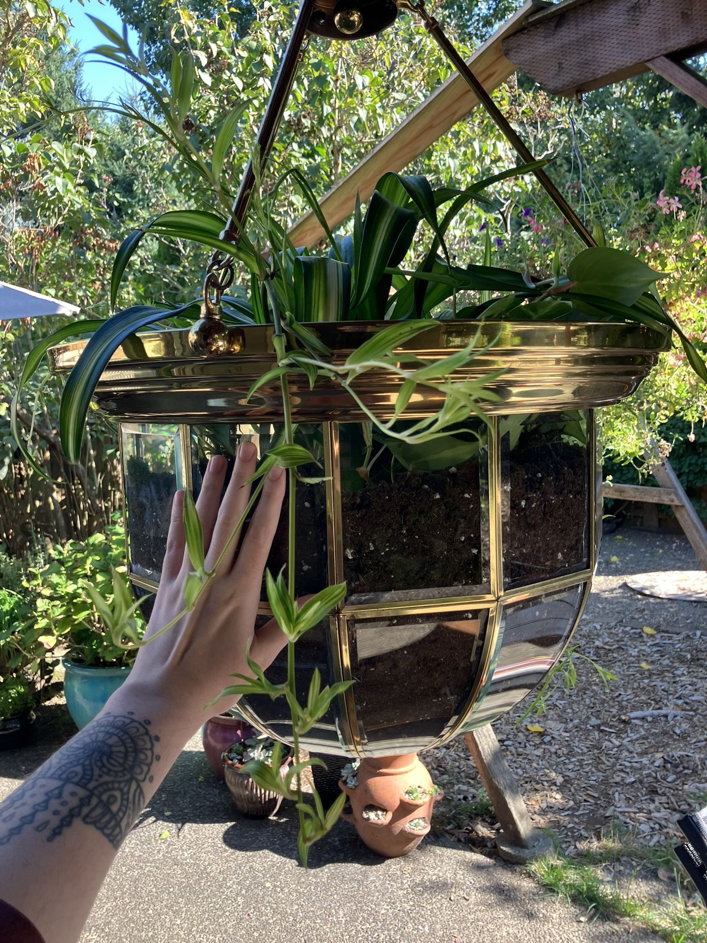 Upcycled Large Glass Brass Plant Hanging