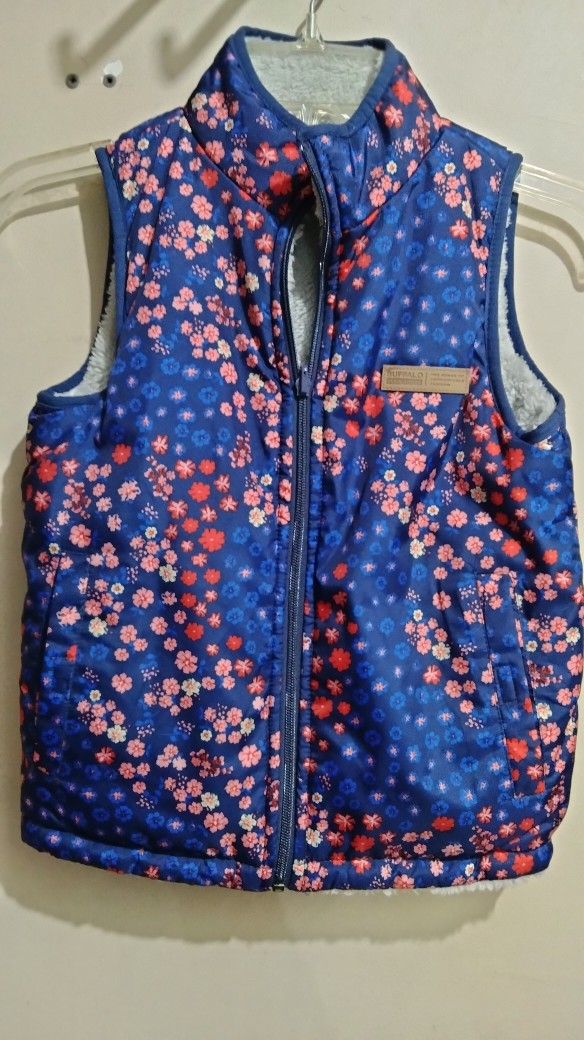 Girls Small Blue Floral Puffer Vest Reversible