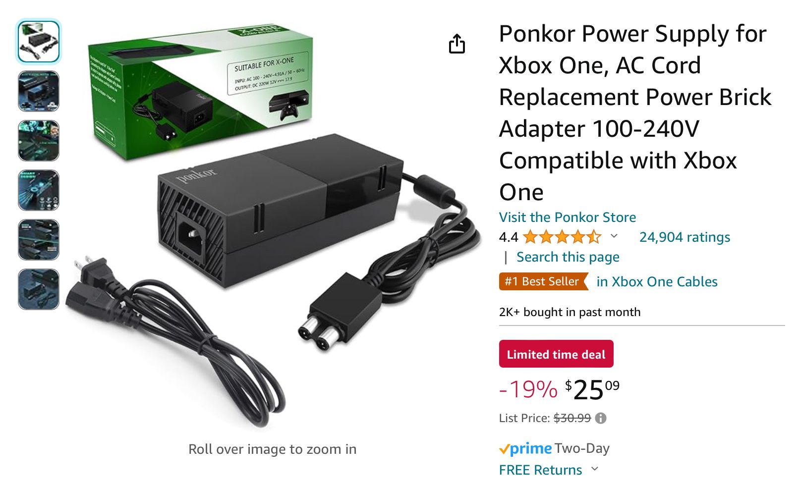 Ponkor Power Supply for Xbox One, AC Cord Replacement Power Brick Adapter 100-240V Compatible with Xbox One