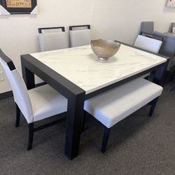 Dining Table With 4 Chairs And A Bench In Black And White With Grey Chairs 