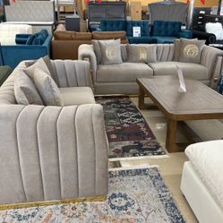 Gray Velvet Sofa Loveseat Living Room Set