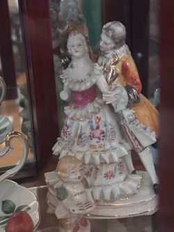 Victorian Porcelain Figurine Couple with Cherub