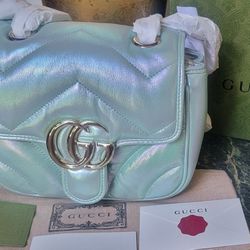 New GUCCI MARMONT IRIDESCENT GREEN LEATHER MINI FLAP BAG