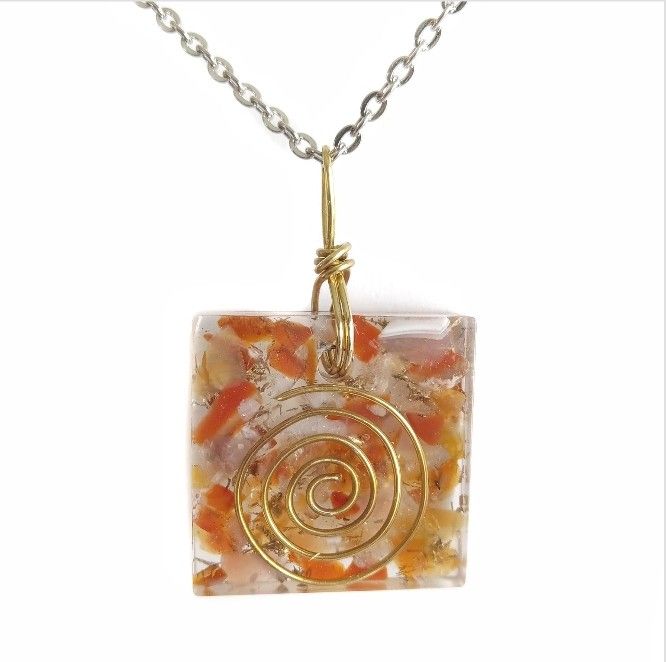 Genuine citrine and red carnelian copper orgonite pendant on silver necklace new