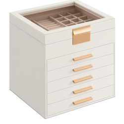 SONGMICS Jewellery Box with Glass Lid 6 Tier with 5 Drawers - White Cloud / Gold