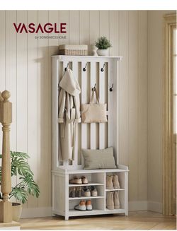 Hall Tree with Bench and Shoe Storage, 7 Double Hooks Coat Rack with Shoe Bench, 13.8 x 31.9 x 70.9 Inches, Entryway, Bedroom, Rustic White, HELAN Col