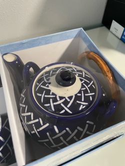 Blue and White Ceramic Teapot with Bamboo Handle