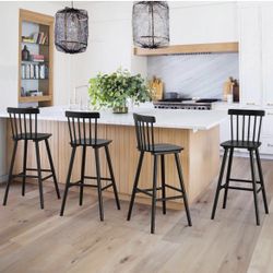 LUE BONA Windsor Wooden Barstools Set of 4 for Kitchen Island, Farmhouse 30 Inch Bar Height Stools Chairs with Spindle Back for Bar Bistro, Black