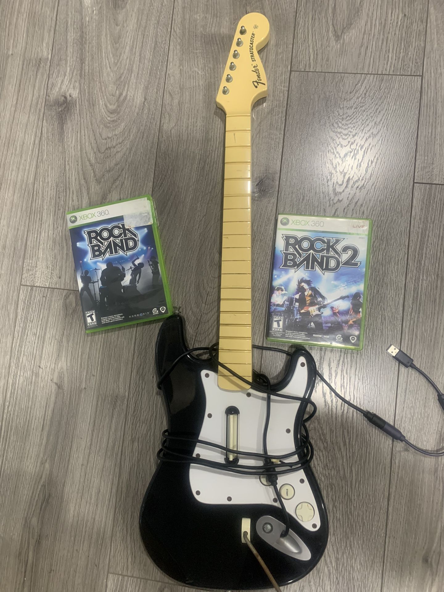 Wired Guitar Controller And Two Rockband Games For Xbox 360