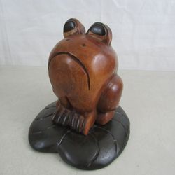 Hand Carved Folk Art Large Wooden Frog On Lily Pad


