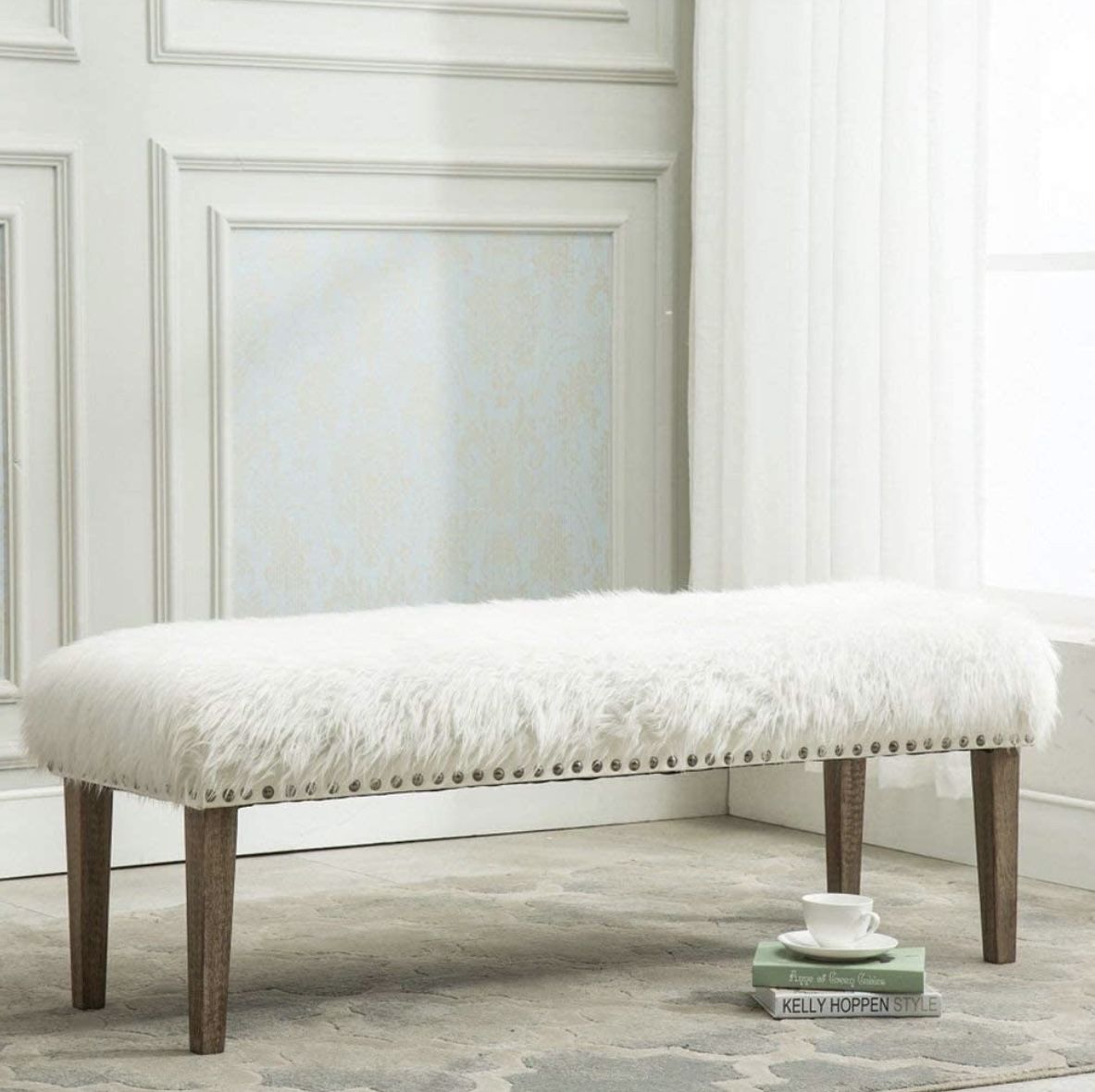 Bench White Faux Fur Ottoman Bench Upholstered Bench for Bedroom/Living Room/Entryway Decorative