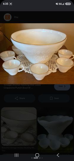 Anchor Hocking Milk Glass Grapevine Punch Bowl Set