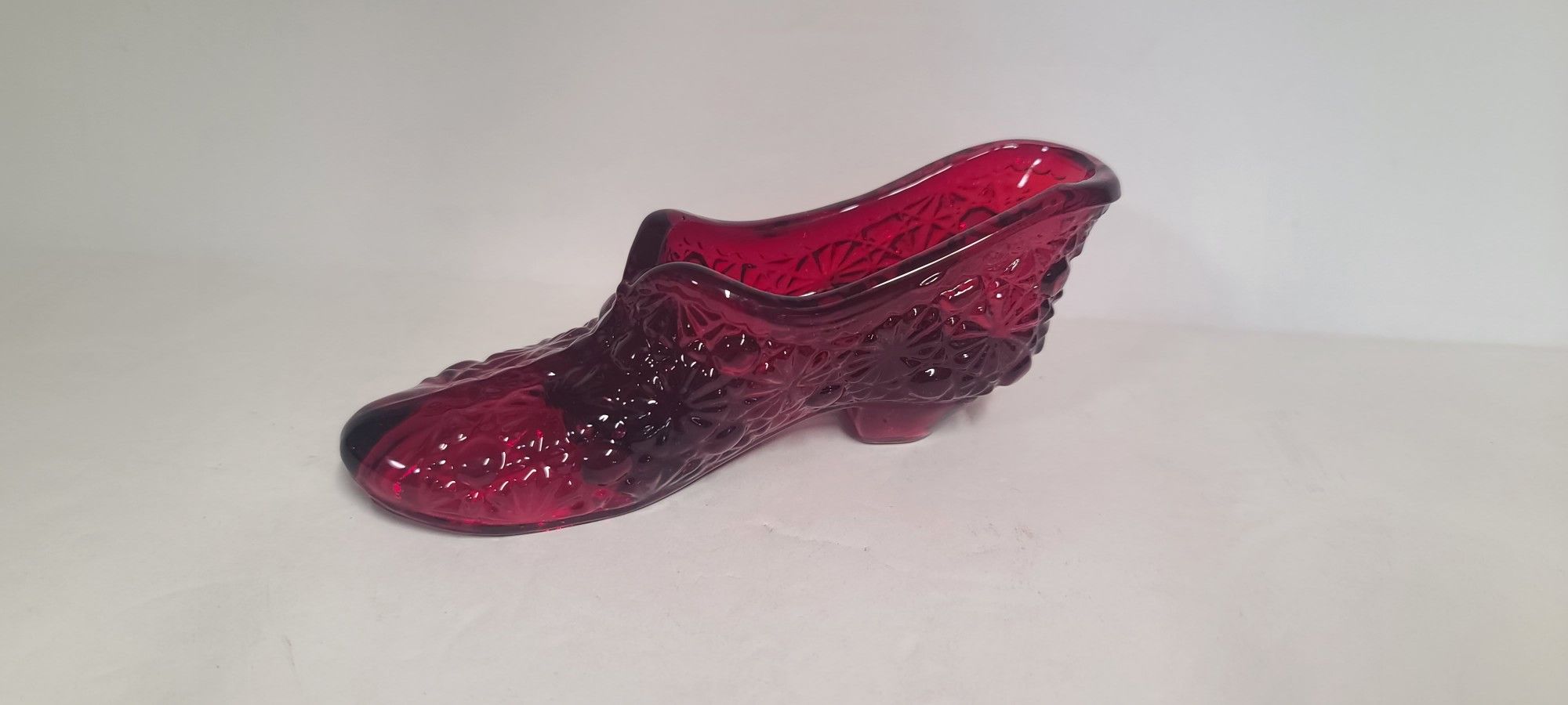 Vintage Fenton Ruby Red Daisy Button Glass Shoe Figurine