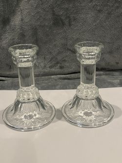Clear Pressed Glass Decorative Candlesticks 4.5in Pair