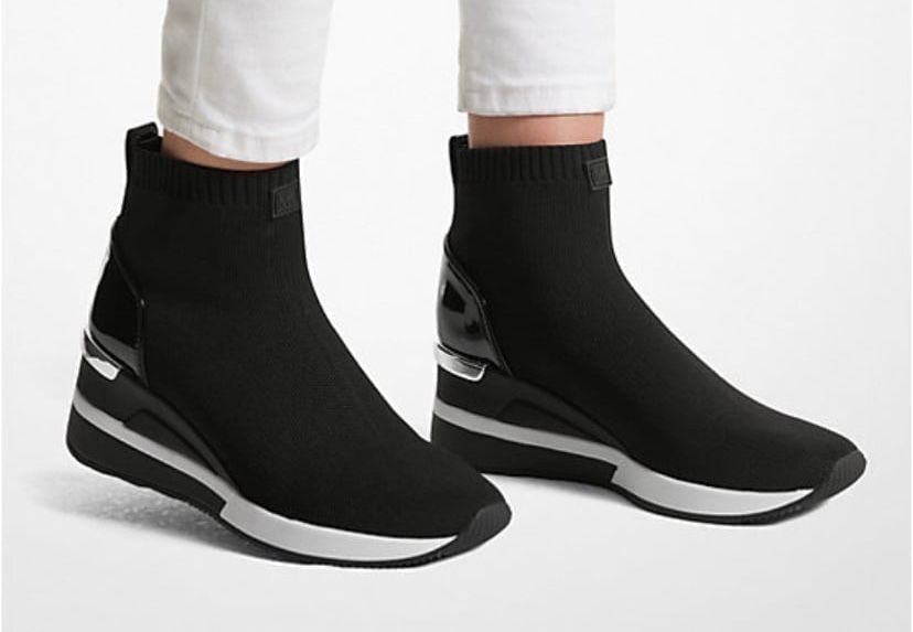 Michael Kors Skyler Bootie Black Soft Knit/Patent High-Top Wedge Sneakers 7.5