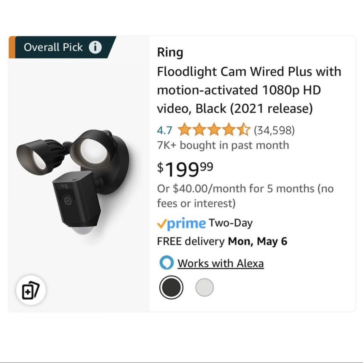 Ring Floodlight Cam Plus Outdoor Wired 1080p Surveillance Camera