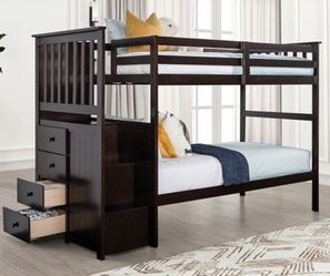 Brand New Espresso Twin Size Bunk Bed w Staircase 