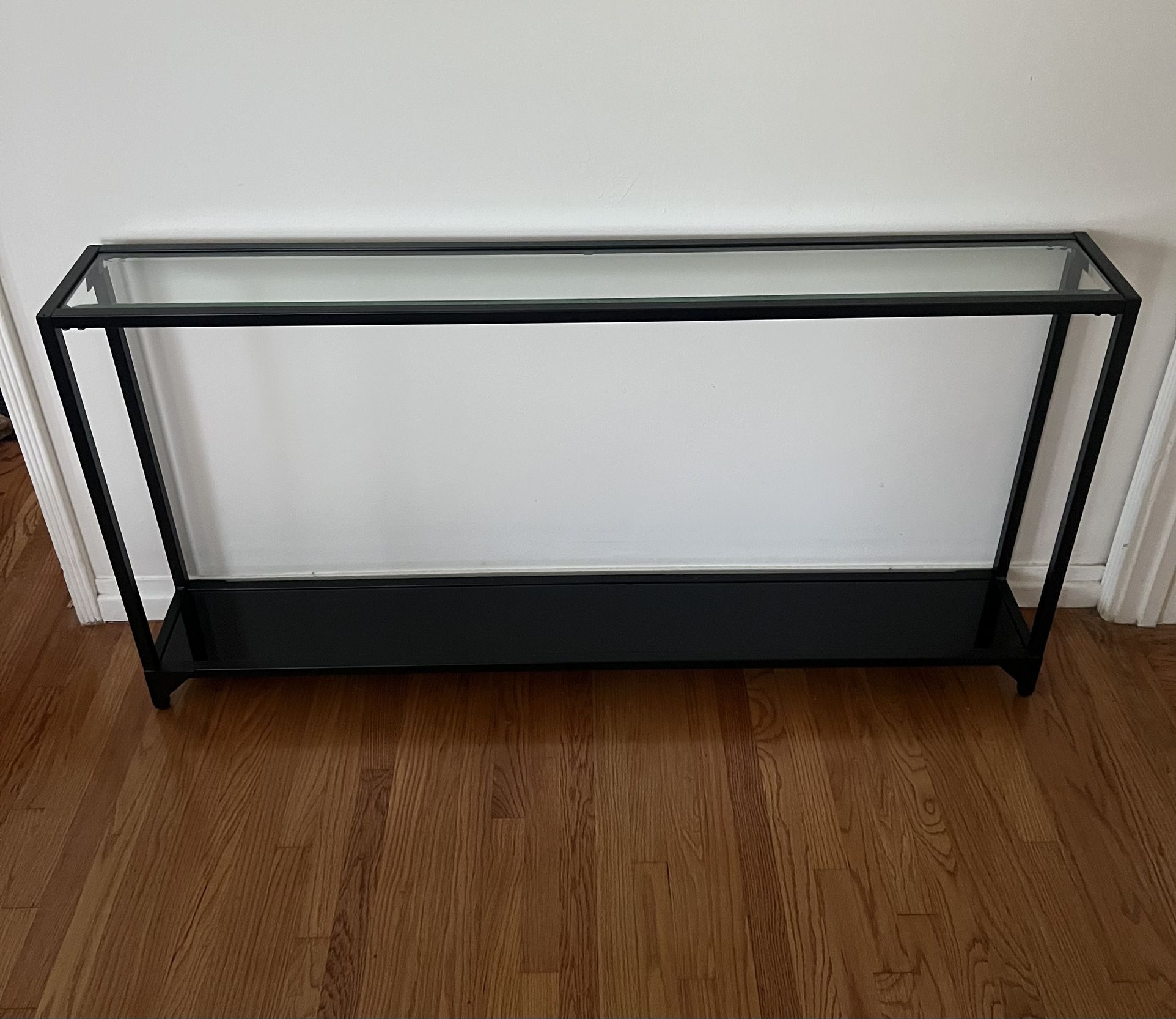 Thin Hallway Console Table Black Metal and Beveled Clear Glass Modern 