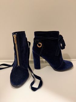 Navy Blue Velvet Ankle Boots with Block Heel