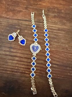 Blue Crystal Heart Watch Bracelet Earring Set