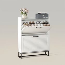 Modern White Shoe Cabinet – Hidden Entryway Storage Organizer