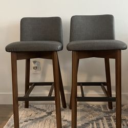 2 Barstools - Gray seat w/ Brown legs