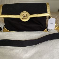 Balmain Black Canvas W/ Gold Leather Trim Crossbody Bag