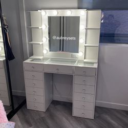 White Vanity With Small Shelves 