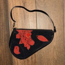 Limited Edition Vintage Christian Dior Black Rose Saddle Handbag