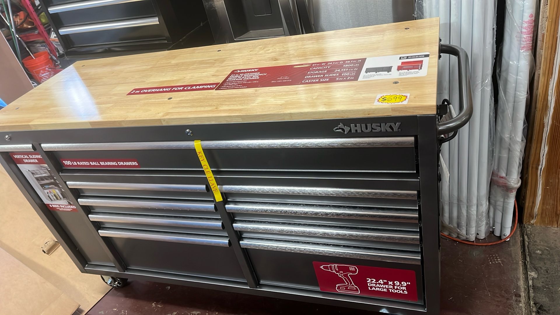 Husky 61 in. W x 24 in. D Standard Duty 10-Drawer Mobile Workbench Tool Chest with Sliding Bin Storage Drawer in Silver