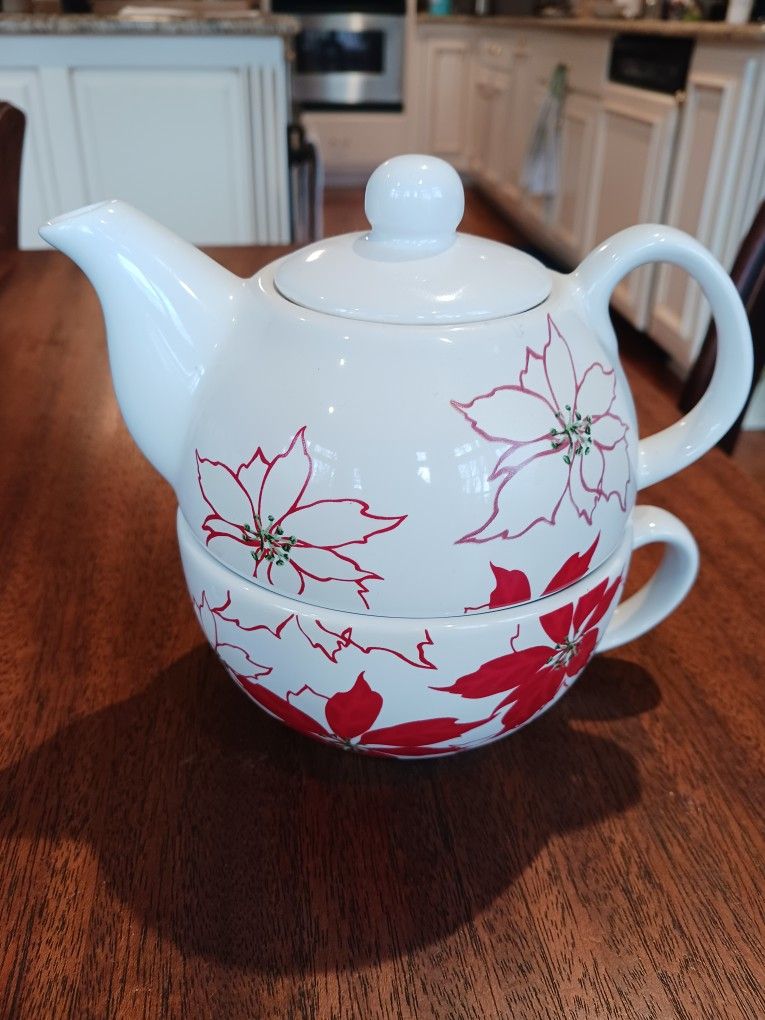 Tea For One Ceramic Floral Stacking Tea Cup And Pot Set