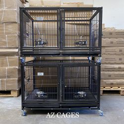 Brand New Packaged 2-Levels 43”HD Divider Dog Cage🚀🐾🐶 W/ Tray, Casters, Bowls🐩see Dimensions In Second Picture🇺🇸🐕