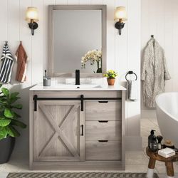 36" Bathroom Vanity with Sink & Faucet & Mirror, Farmhouse Bathroom Vanity Cabinet Set with Sliding Barn Door & 3 Drawers, Freestanding Single Bath St