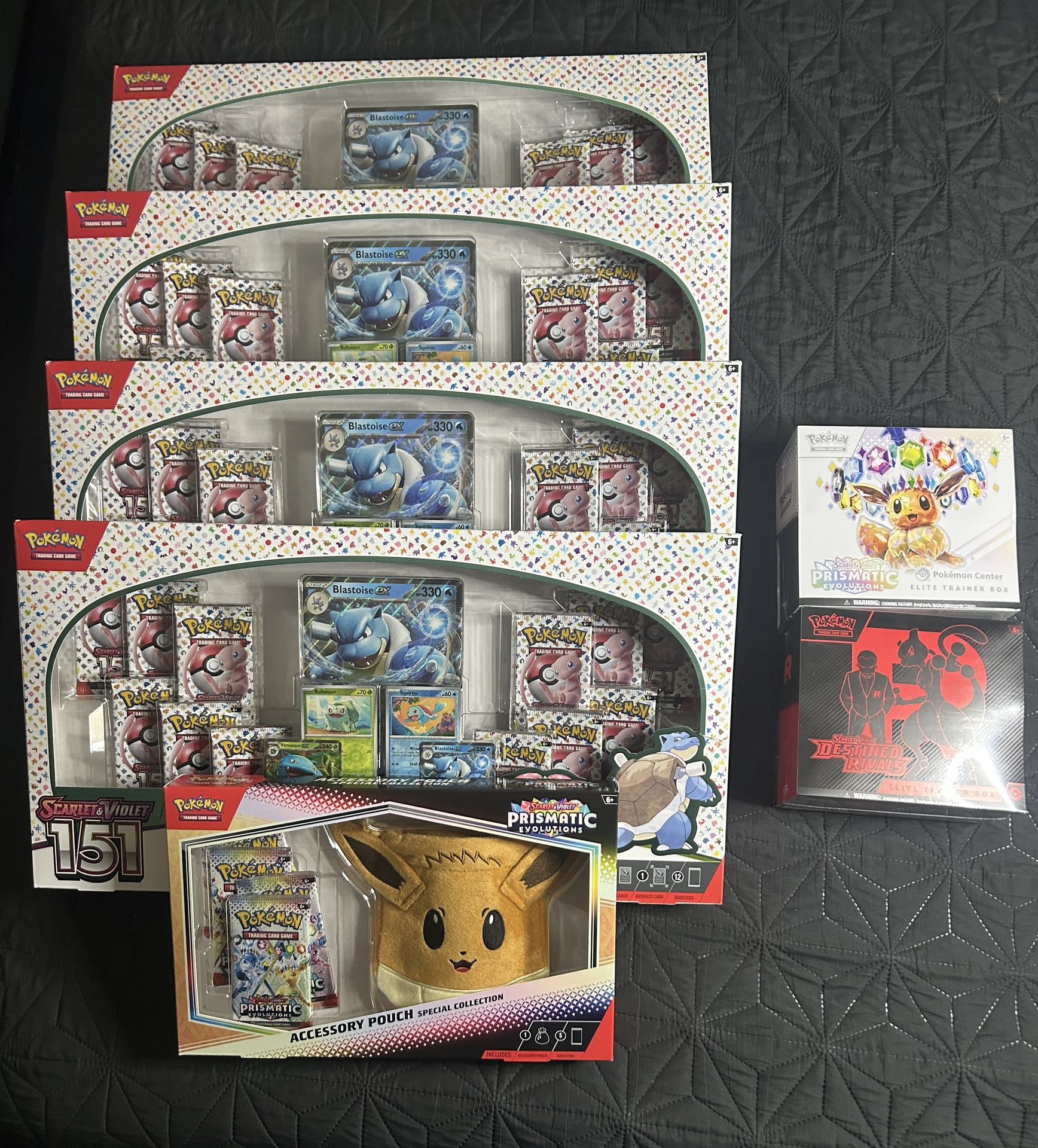 POKEMON TCG BLOOMING WATERS + POKEMON CENTER PRISMATIC ETBs + DESTINED RIVALS ETB + EEVEE POUCH