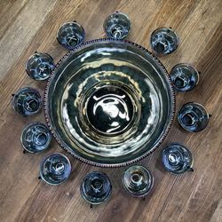 Vintage Blue Carnival Glass Grape Harvest Punch Bowl With 12 Cups