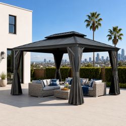12’ x 16’ Heavy Duty Hardtop Gazebo – Double Metal Roof, 4” x 4” Posts, Privacy Curtains & Mosquito Netting
