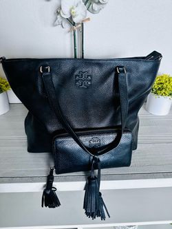 Tory Burch Black Pebbled Leather Tote and Wallet Set