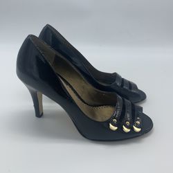 Franco Sarto ITALY 7m EU 36.5 Patent Leather Peep Toe Pumps Black 2.5" Heel