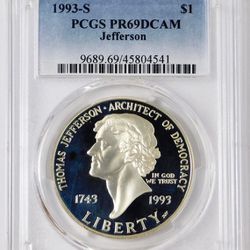 1993-S Commemorative "Thomas Jefferson" Silver Dollar. GEM PROOF 69