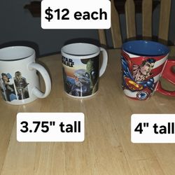Coffee cups $12 each 
Stars wars galerie: Luke Skywalker, Han Solo, Chewbacca,  c-3p0, Darth Vader, 
Stars wars: Boba Fett Dengar Greedo
Superman 3D f