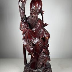 Antique Chinese Wooden Carving Of God Of Longevity 12”