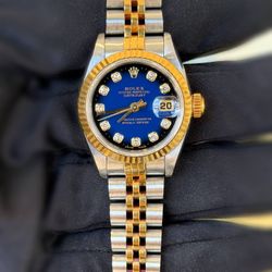 Rolex Datejust 26mm Blue Vignette Factory Diamond Dial Ladies watch 69173 quick set box & papers 18k gold & stainless steel Jubilee Bracelet