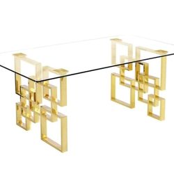 Gold Dining Table w/ Matching Coffee Table & 4 Green Velvet Chairs