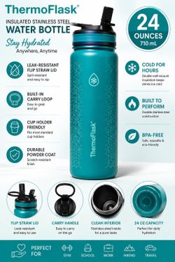 ThermoFlask 24 oz Insulated Stainless Steel Water Bottle | Teal | Straw Lid | BPA-Free